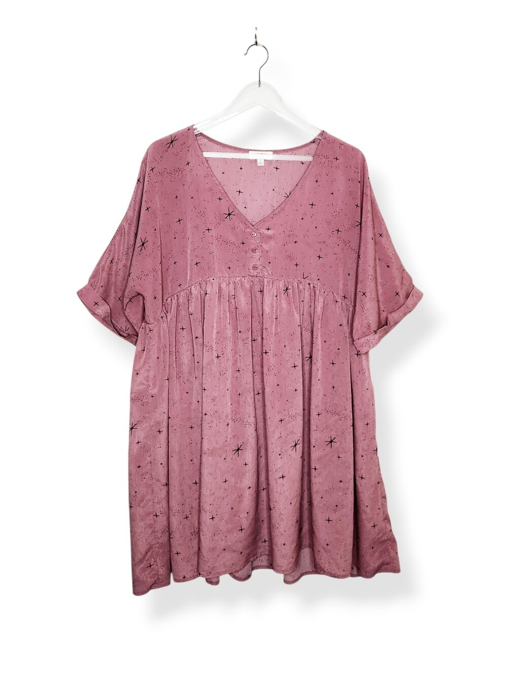 Umgee Pink Star Print Short Sleeve Boho Button-Front Dress Women's Size Large